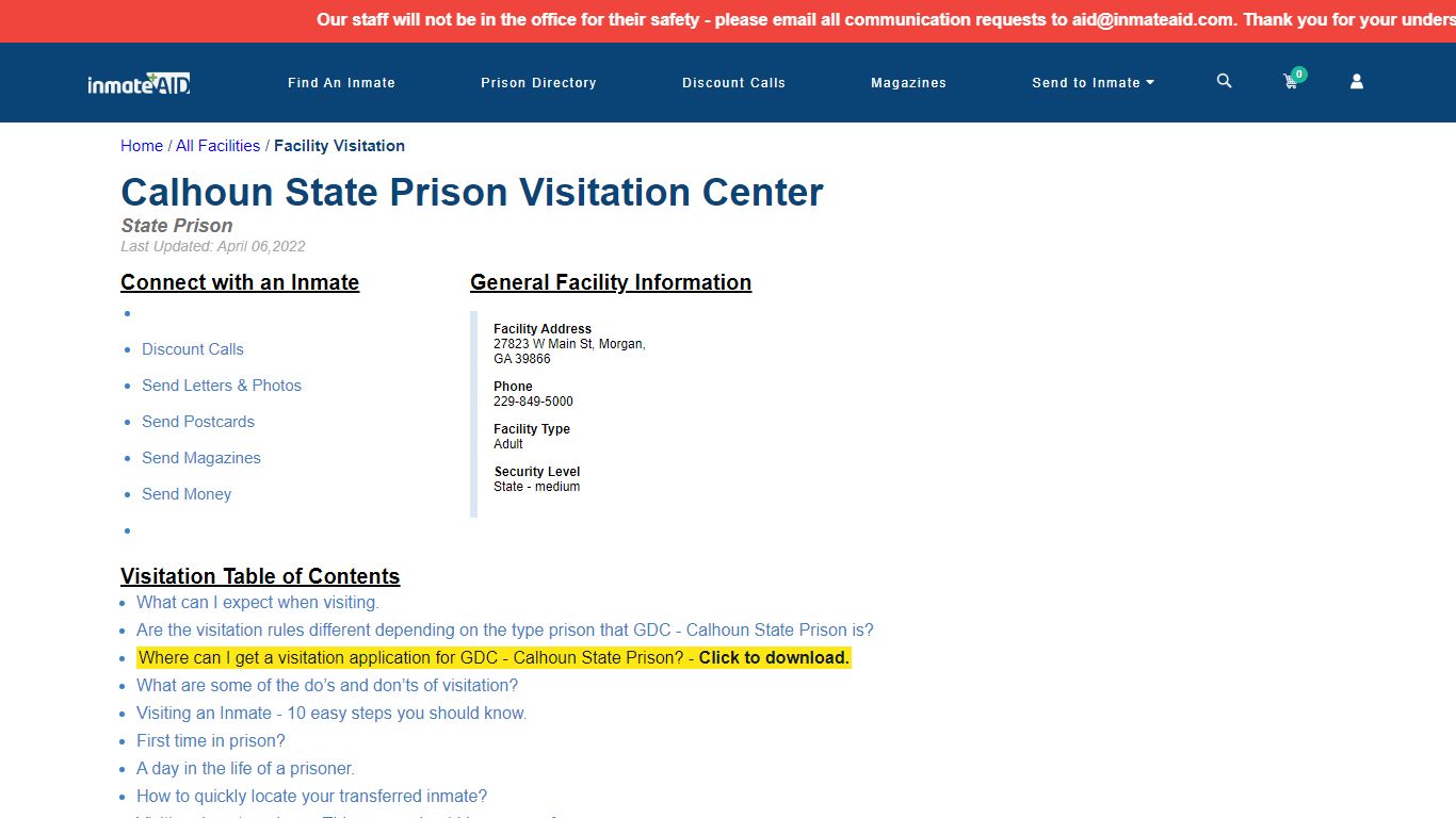 GDC - Calhoun State Prison | Visitation, dress code & visiting hours